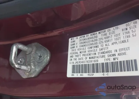 2008 Honda Cr-V Lx z USA, uszkodzony, nr VIN JHLRE48378C061809